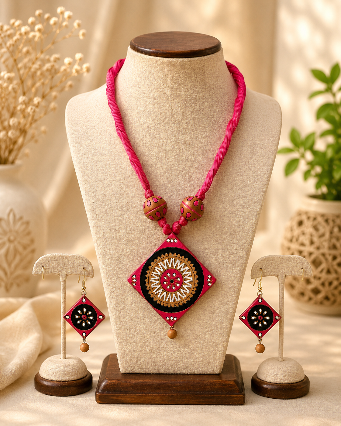 Handmade Terracotta Jewellery Set – Vibrant Pink Traditional Artistry
