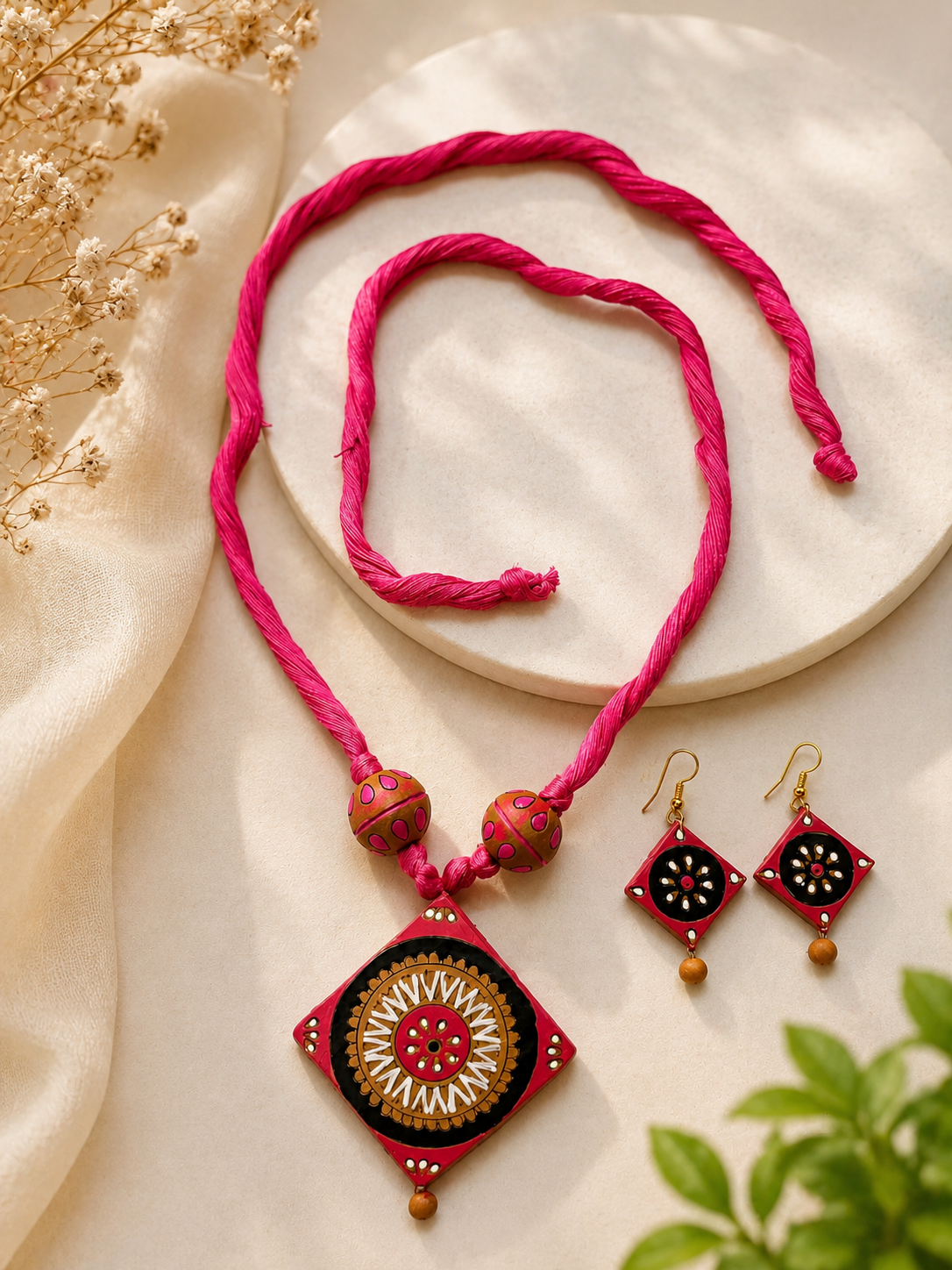 Handmade Terracotta Jewellery Set – Vibrant Pink Traditional Artistry