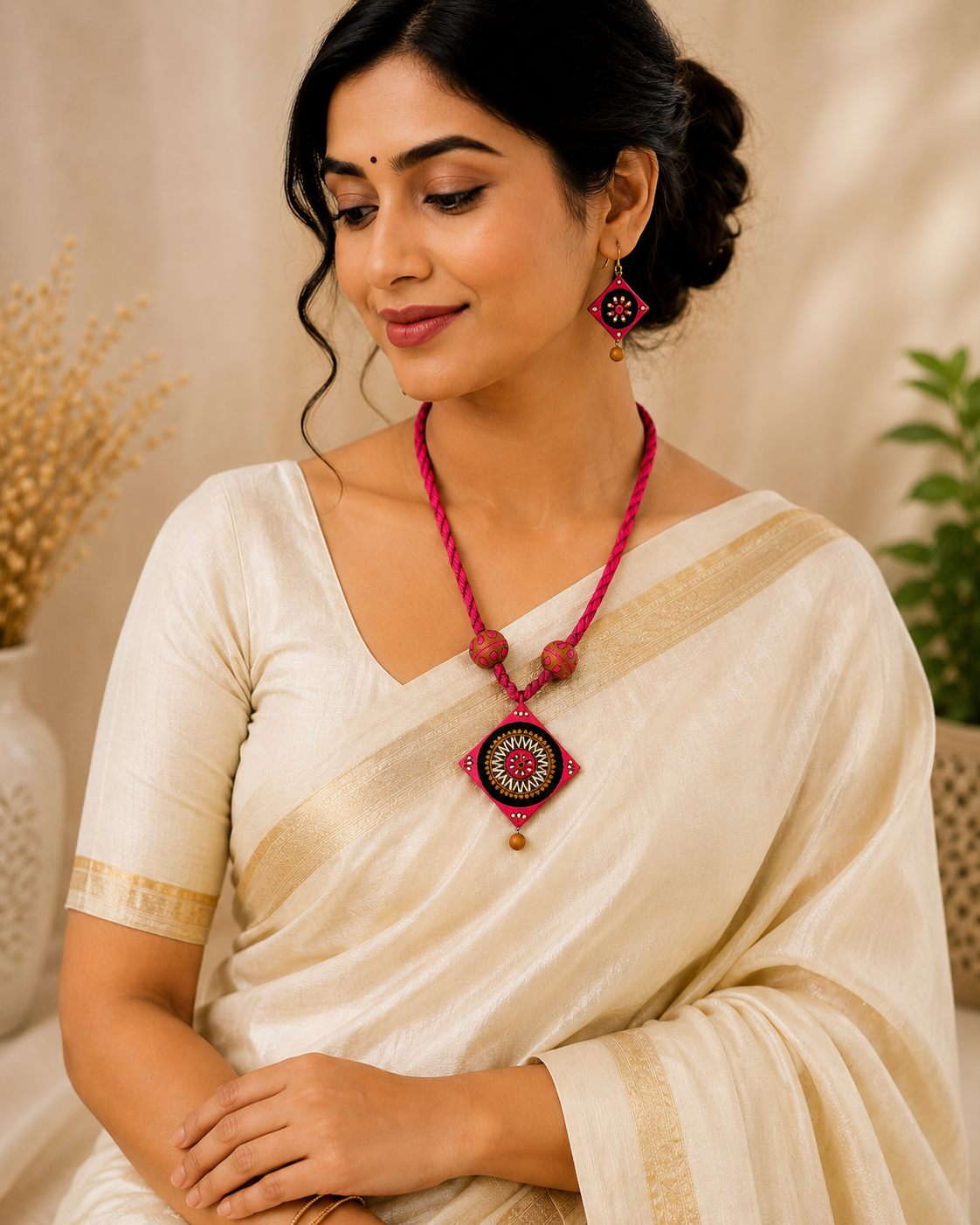 Handmade Terracotta Jewellery Set – Vibrant Pink Traditional Artistry